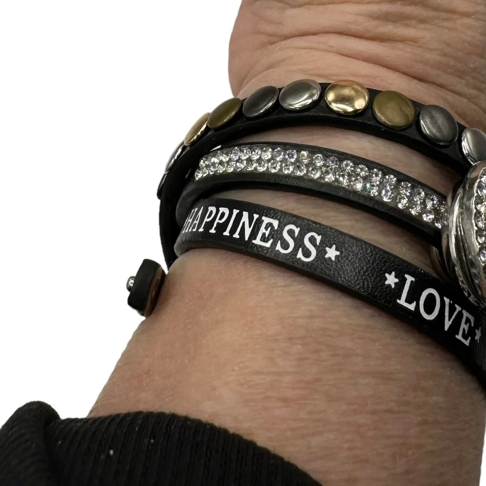 Black Leather Heart Snap Criss Cross Bracelet & Multicolor 18mm Ginger Snap NWT